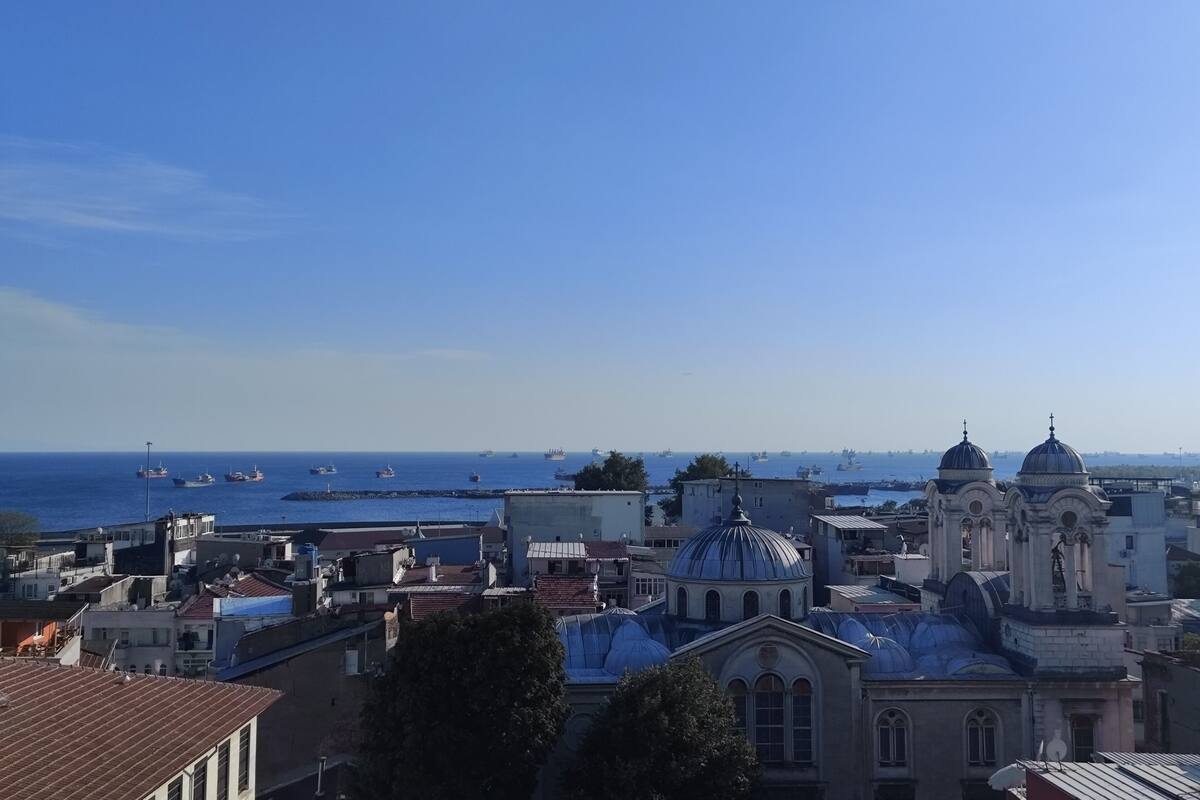 A coastal cityscape with historic buildings and a clear blue sky.