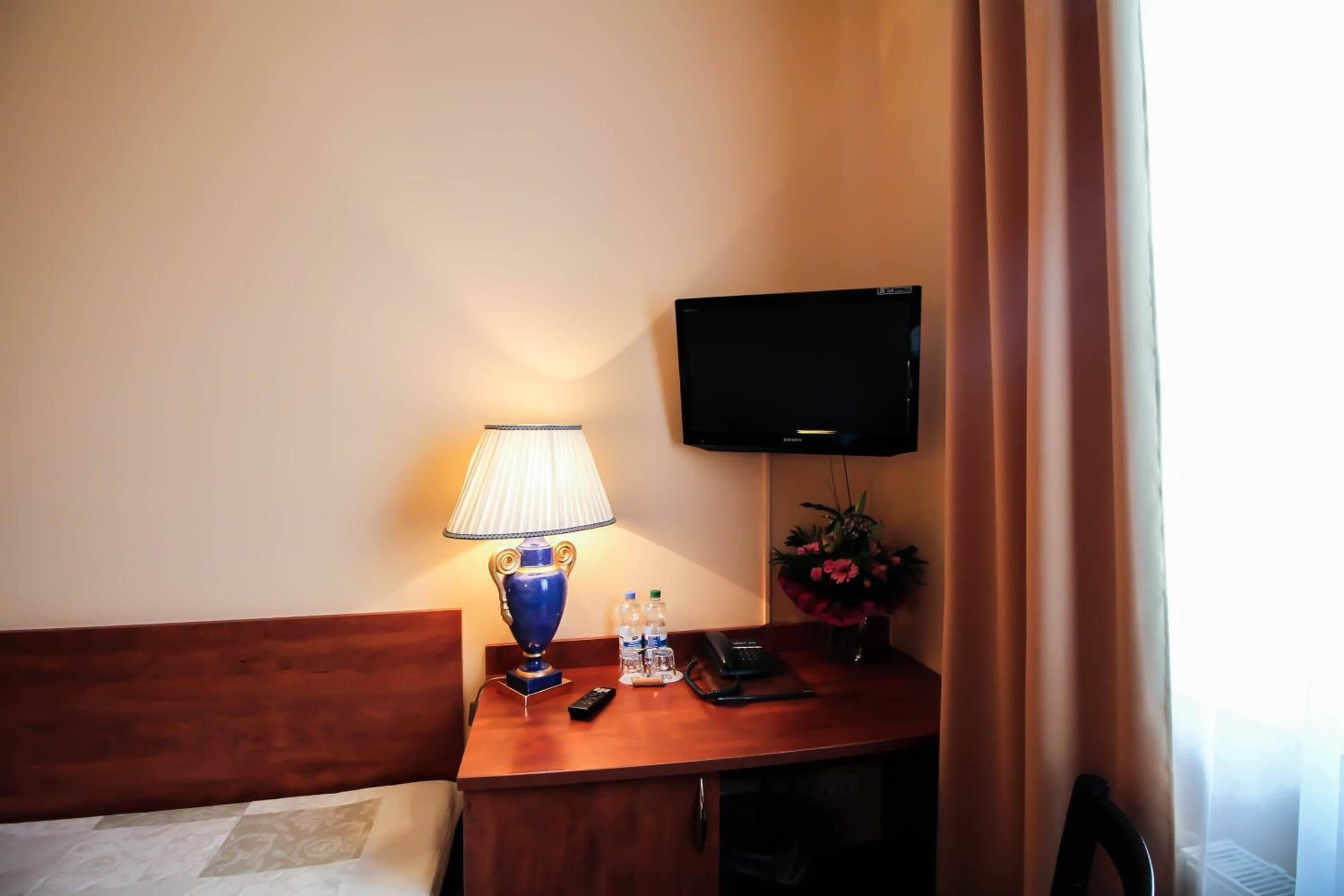 A hotel room with a wooden headboard, a bedside table with a lamp, a flat-screen TV, a telephone, and a small potted plant.