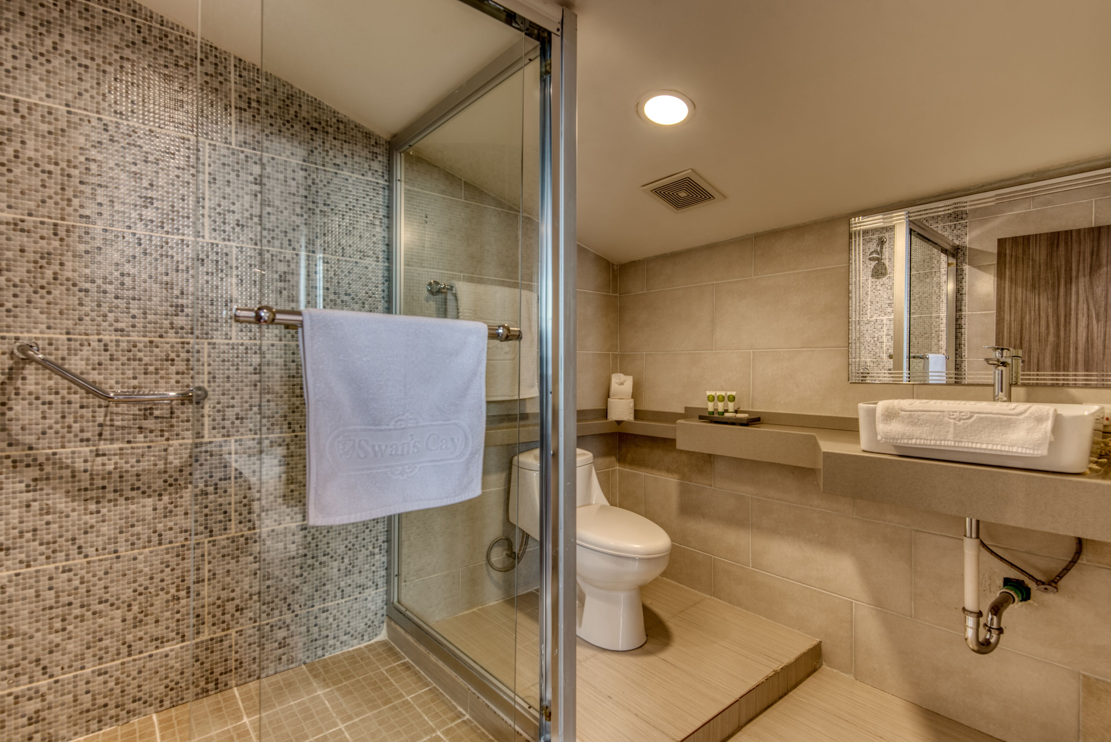 A modern bathroom with a glass shower enclosure, a toilet, and a sink with a mirror above it.