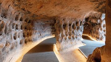 An interior with natural rock formations, wooden flooring, and a central arched passageway.