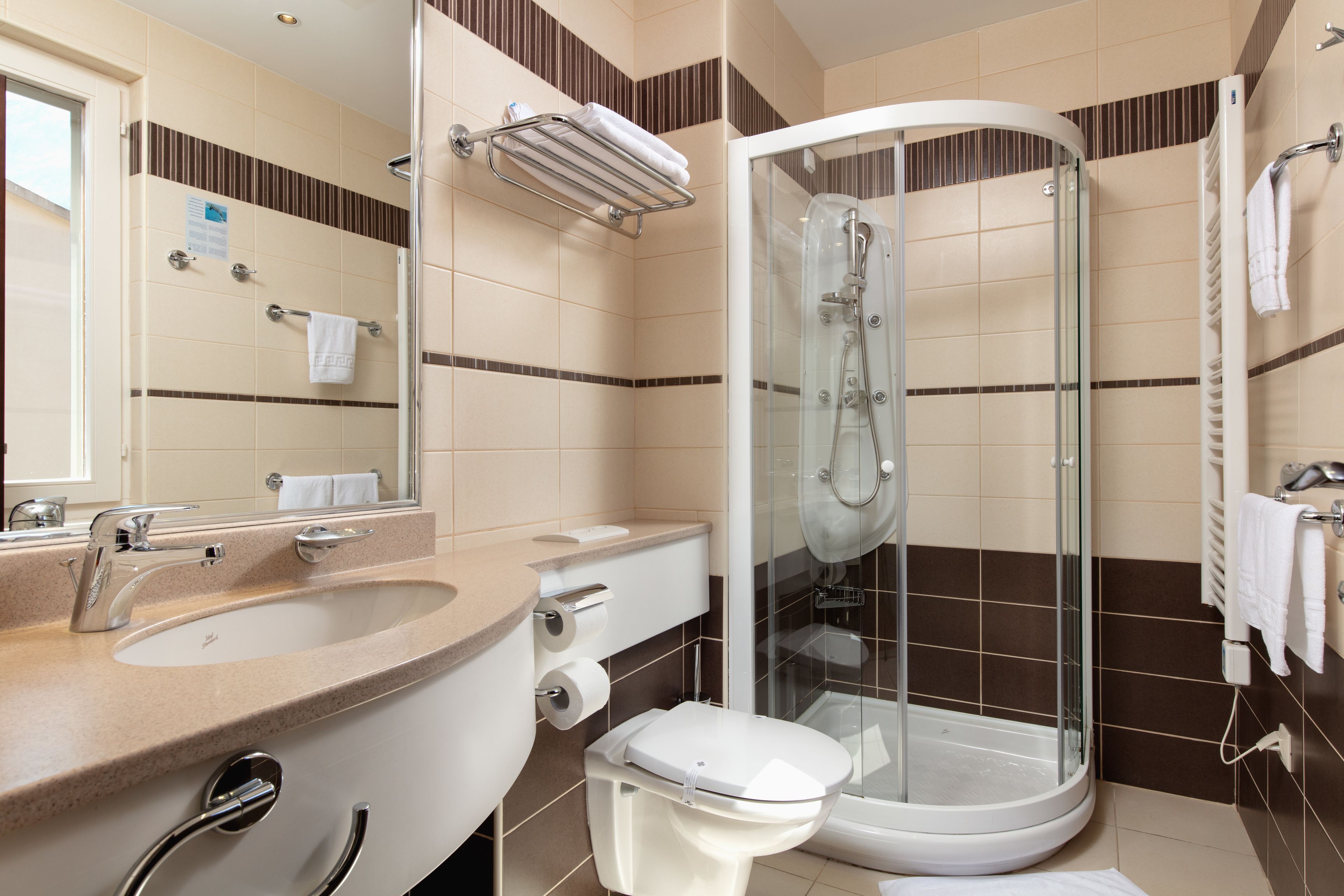 shower, free toiletries, hair dryer, towels