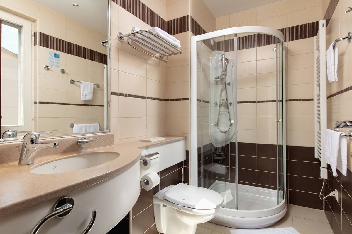 shower, free toiletries, hair dryer, towels