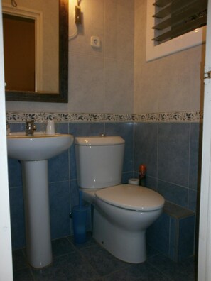 A bathroom with a sink, two toilets, a mirror, and a shower. - Hostal Absolut Stay - Adults Only (Barcelona)