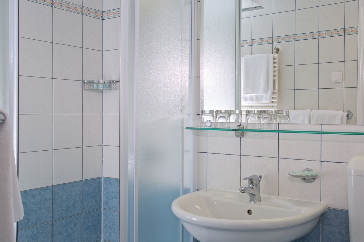 Une salle de bain avec une étagère en verre au-dessus du lavabo, un miroir et des toilettes.