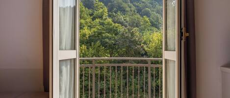 A balcony with a view of a forested hillside.