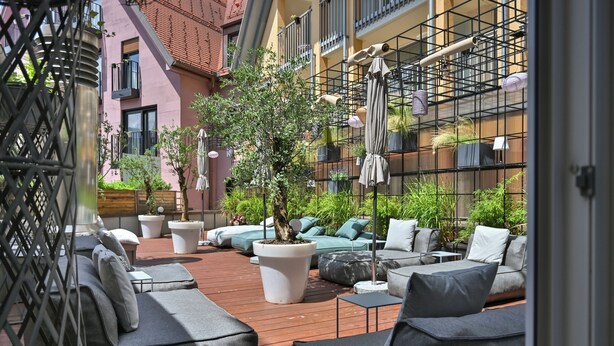 Un espacio al aire libre con mobiliario moderno, un árbol grande y vistas a un edificio con balcones.