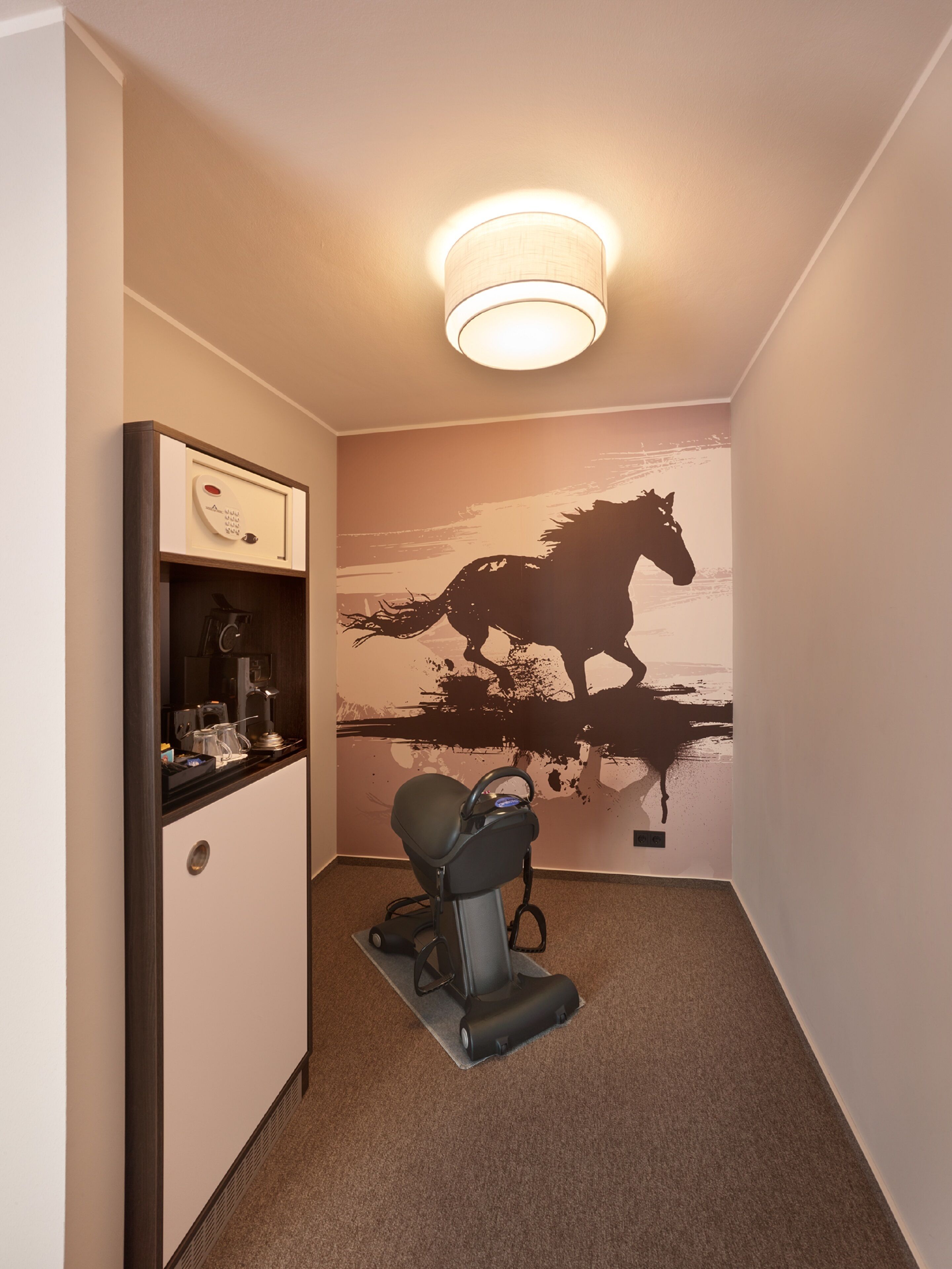 A room with a treadmill, a wall-mounted shelf with items, and a ceiling light.