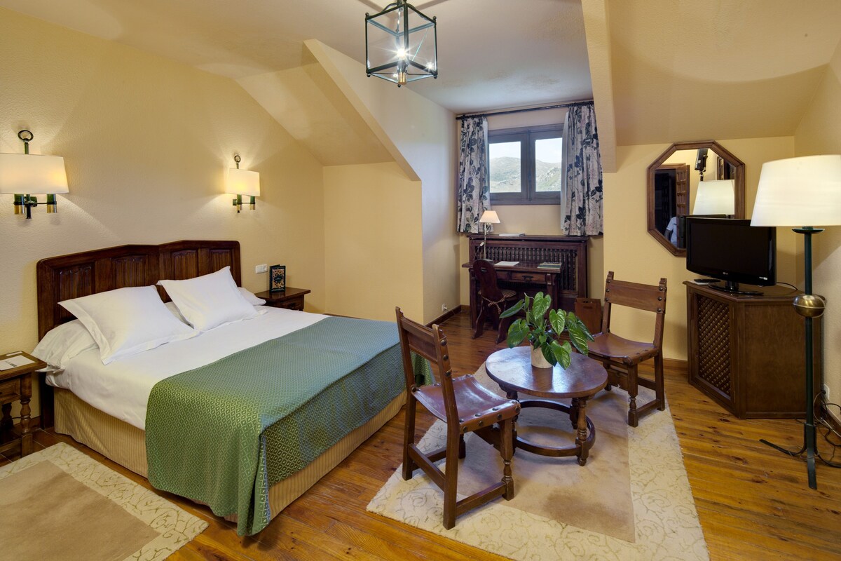 A hotel room with a bed, a desk, a chair, a television, and a window with curtains.