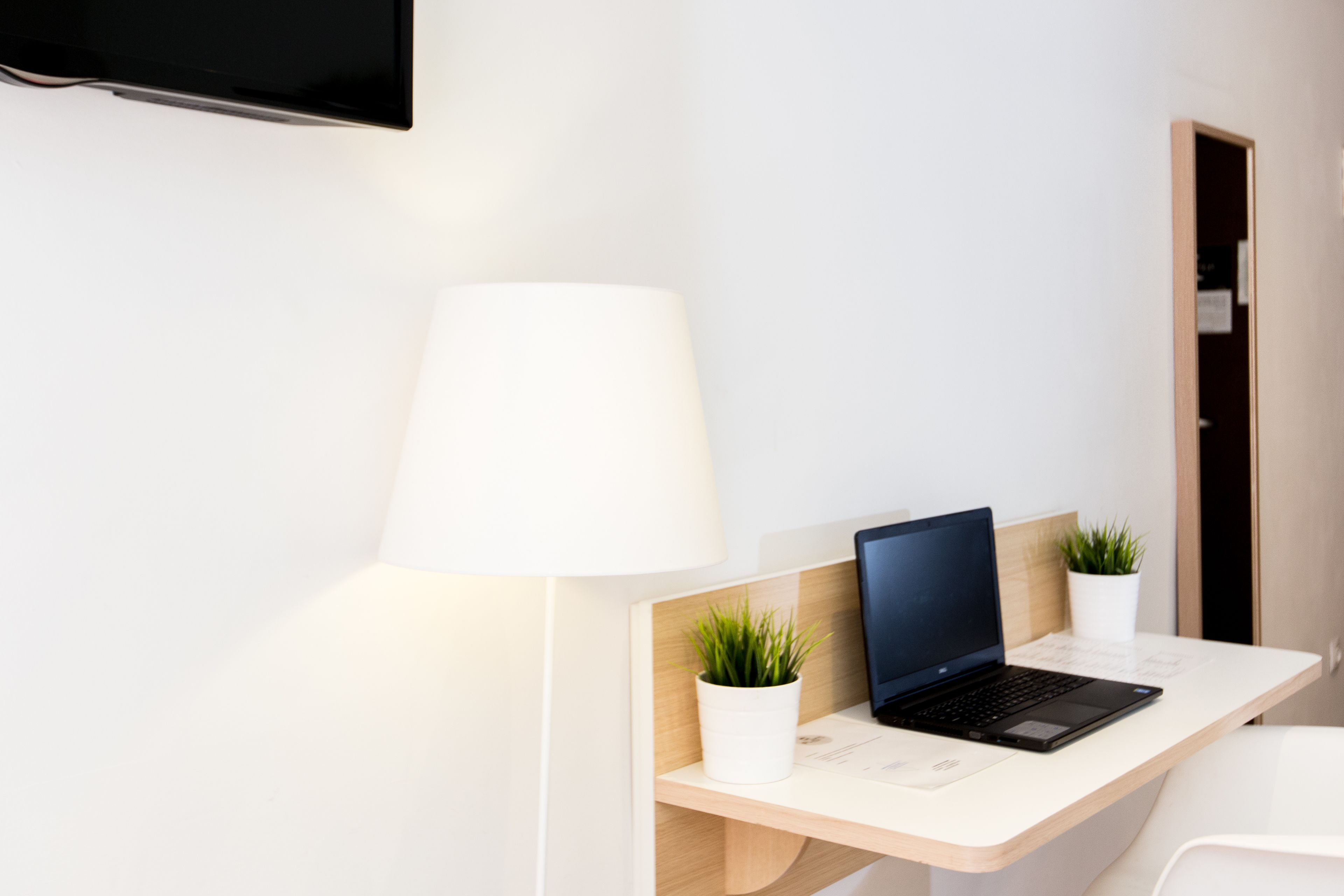 A modern workspace with a desk, a laptop, a lamp, and two potted plants.