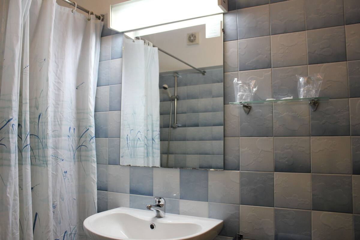 Un baño con cortina de ducha, lavamanos, espejo y paredes de azulejos.