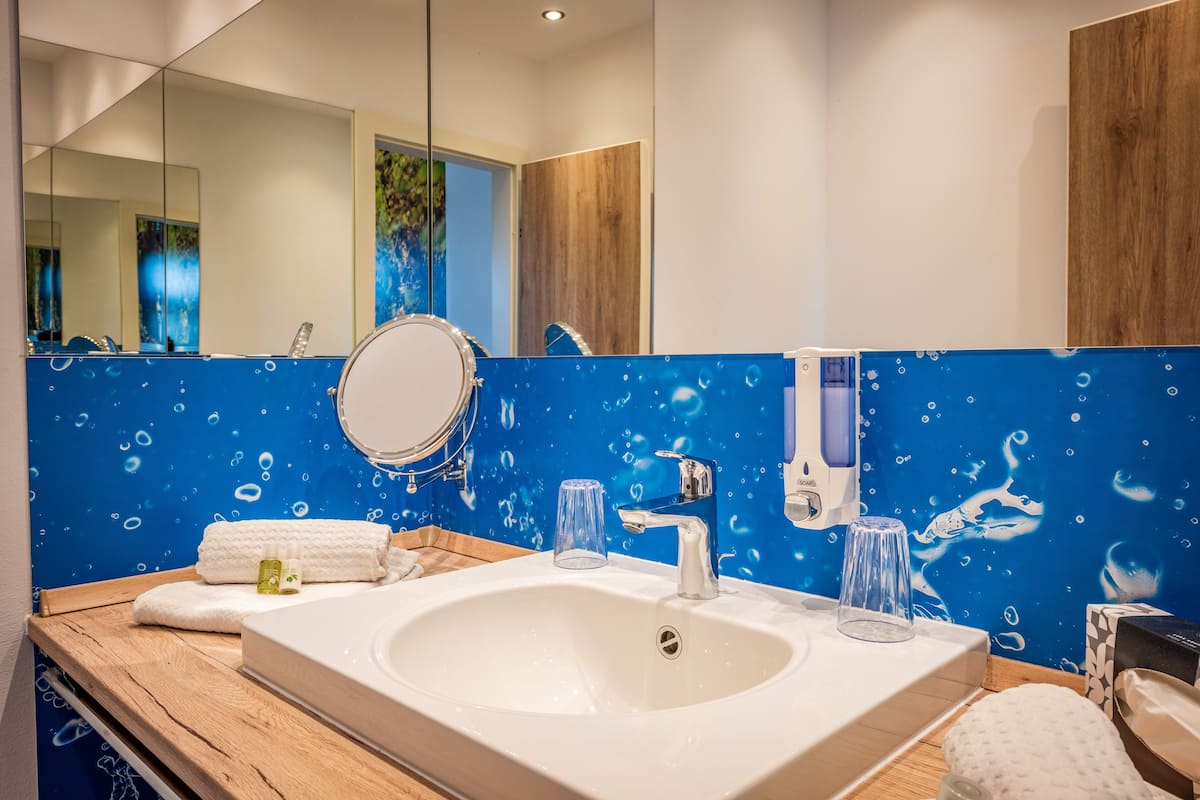 comfort double room | bathroom | shower, hair dryer, towels