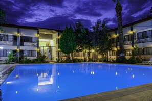 Outdoor pool, pool umbrellas, pool loungers