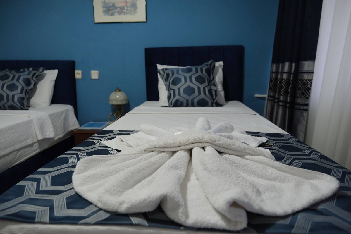 Une chambre d’hôtel avec deux lits, chacun recouvert d’une couvre-lit à motifs bleus et blancs, assortie aux coussins. Une serviette blanche est posée sur le lit, au premier plan.