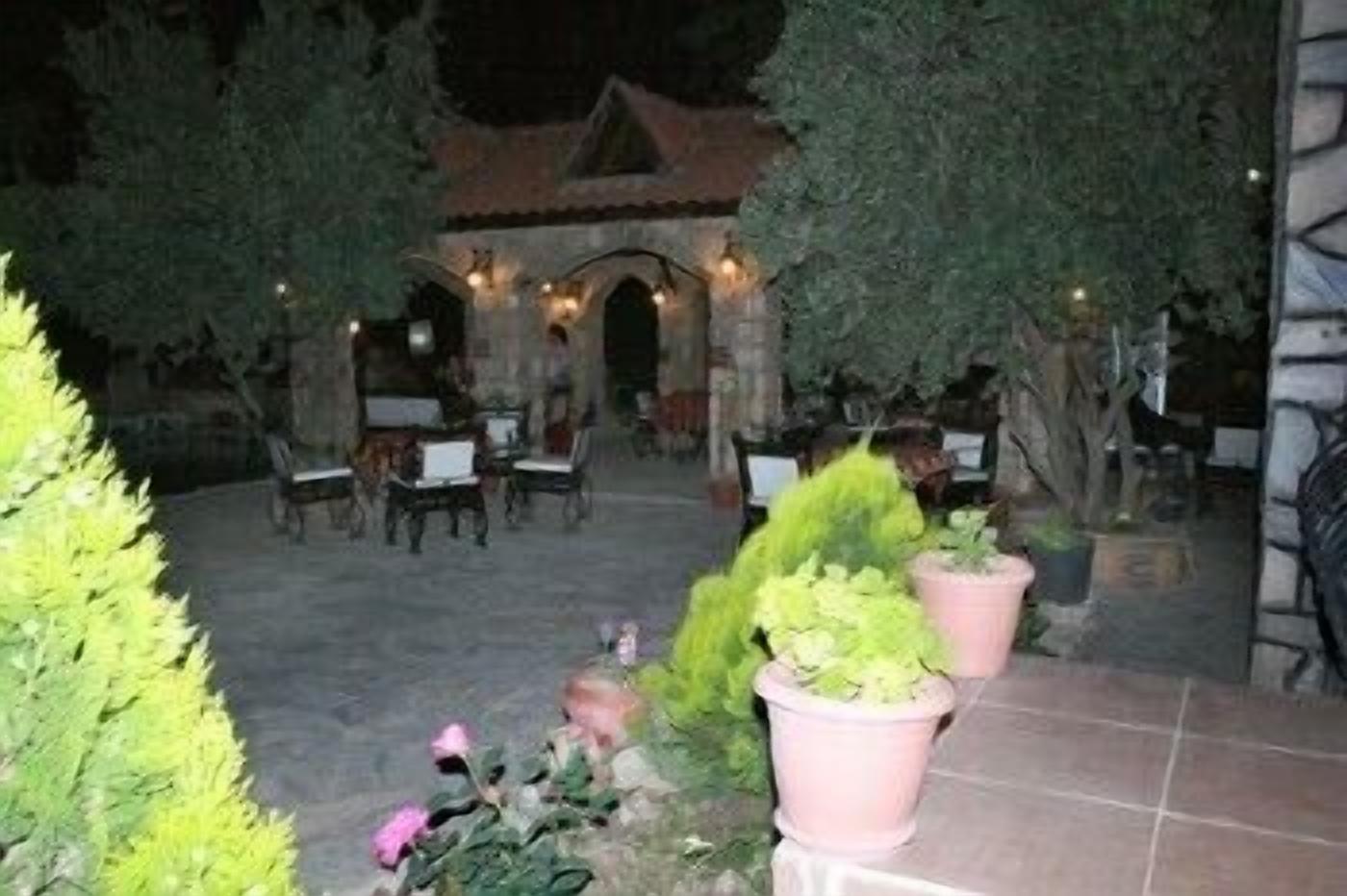 An outdoor patio area with tables and chairs, surrounded by potted plants and trees.