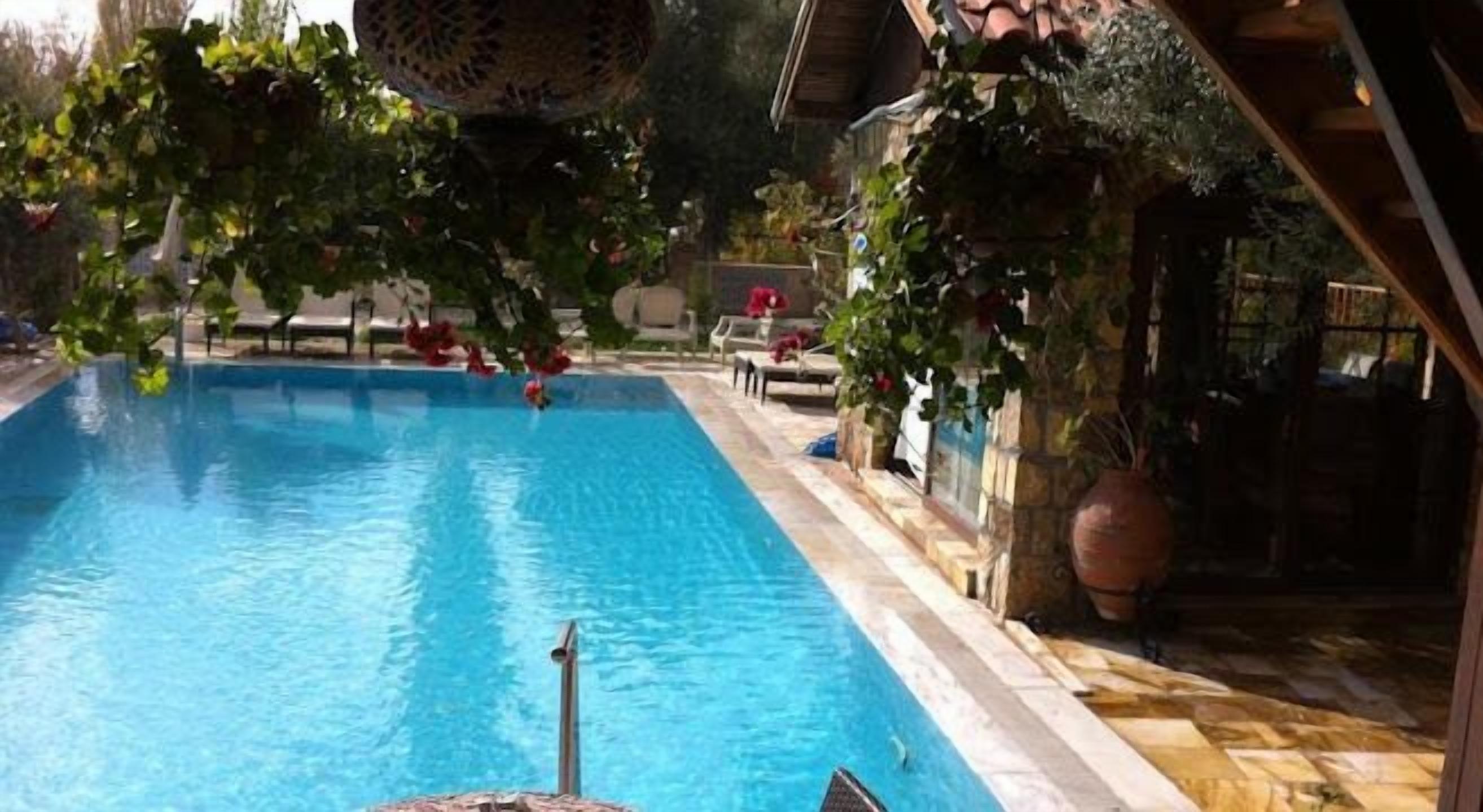 A swimming pool with clear blue water, surrounded by potted plants and a tiled deck.