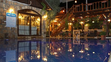 Seasonal outdoor pool, pool umbrellas, pool loungers