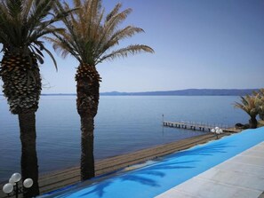 A pool area with palm trees and a view of the water. - Hotel Lido (Bolsena)