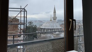 Een kamer met uitzicht op een historisch gebouw met een koepel en een hoge minaret, door een raam met houten kader en metalen hekwerk.