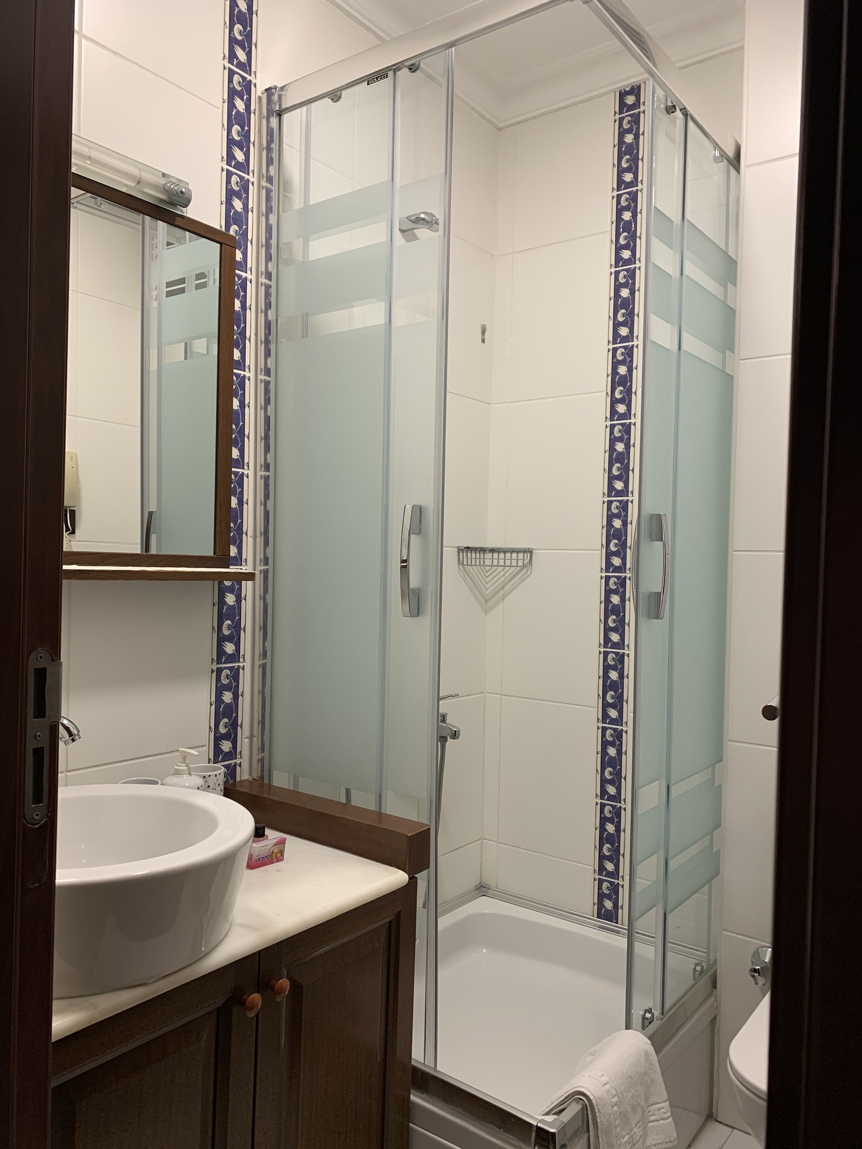 A bathroom with a glass-enclosed shower, a white sink, and a toilet.