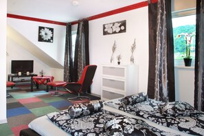 Flat-screen TV, DVD player, ping pong, books