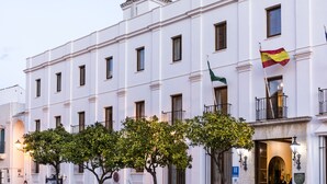 A white building with multiple windows and balconies, a flag, and a sign indicating a hotel.