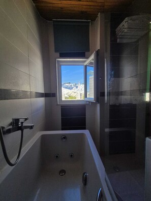 Panoramic Quadruple Room, Multiple Beds, Terrace, Poolside | Bathroom | Combined shower/tub, hair dryer, slippers, towels - Hotel Hal - Tur (Denizli)