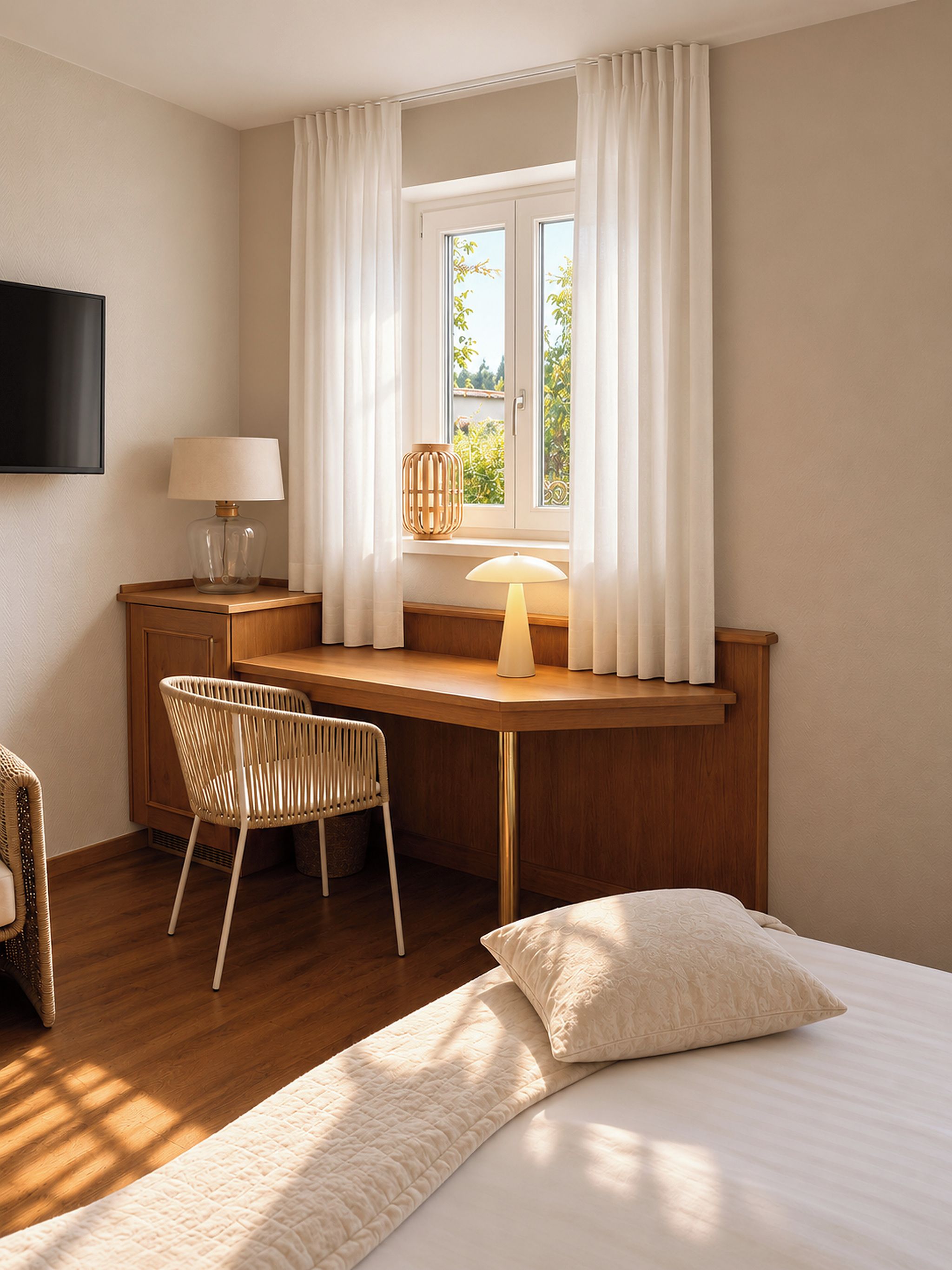 A bedroom with a bed, a desk with two lamps, a chair, and a window with curtains.