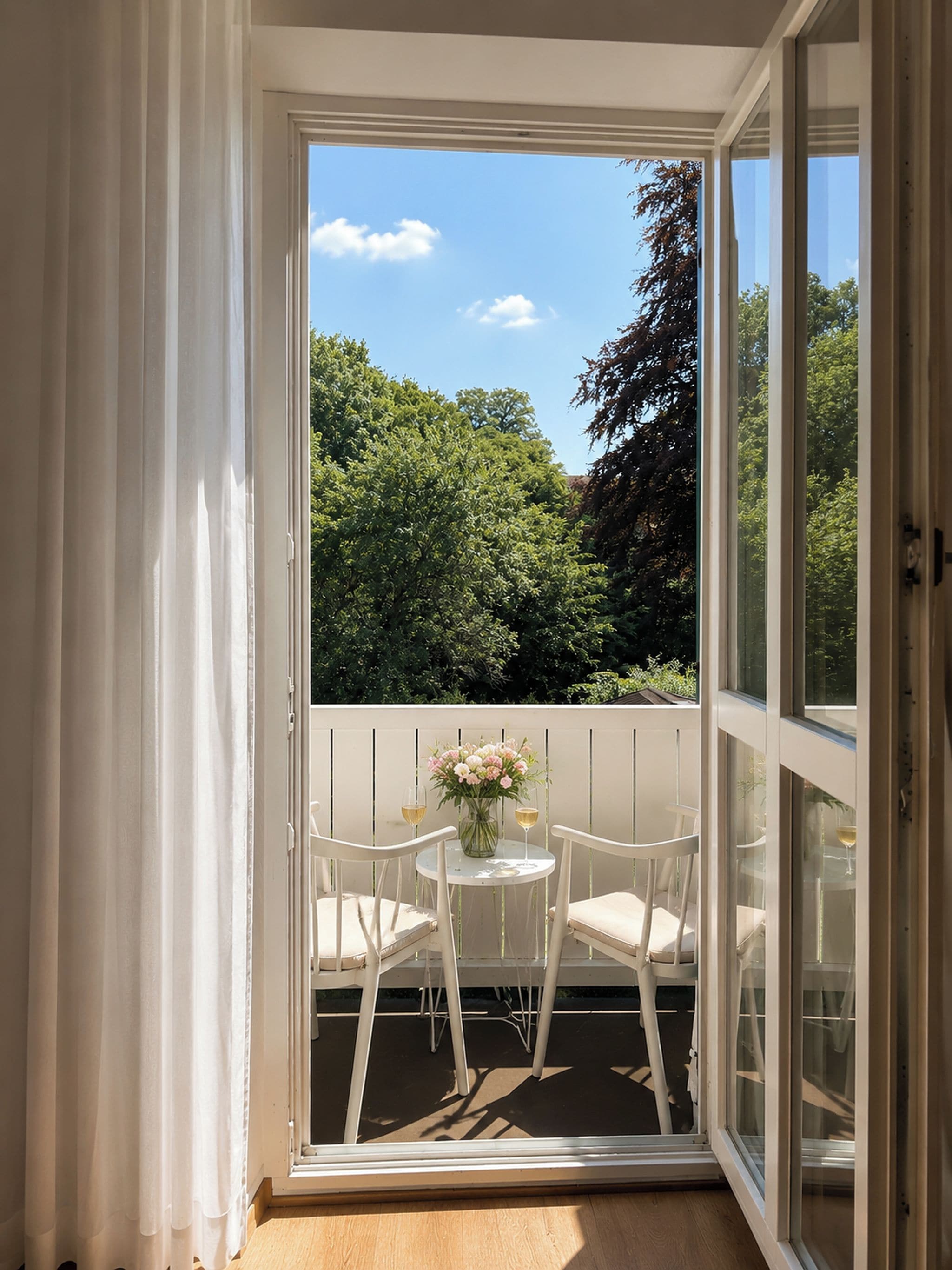 Ein Balkon mit Tisch und Stühlen, einer Blumenvase und einem Weinglas.