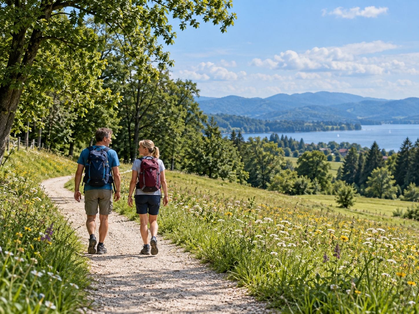 A pathway with two people walking, surrounded by greenery and a lake in the distance.
