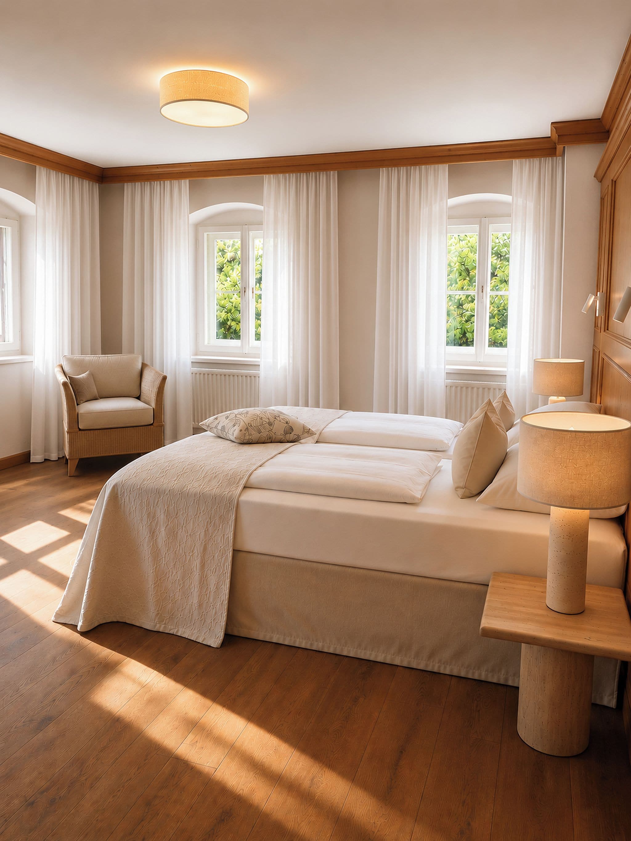 Une chambre à coucher avec un grand lit, une chaise, une table de chevet avec une lampe et des fenêtres avec des rideaux.