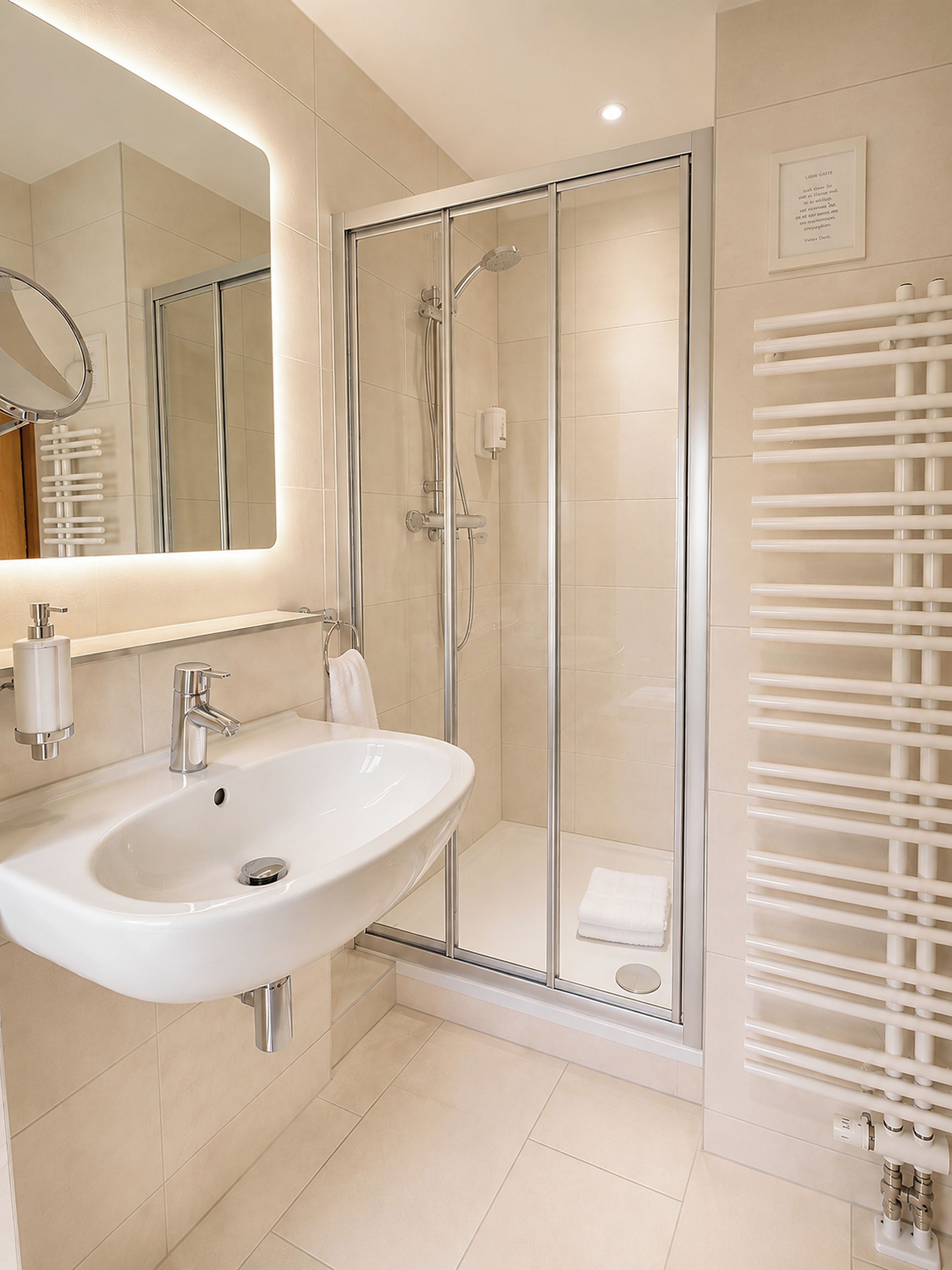 A modern bathroom with a glass-enclosed shower, a white sink, and a mirror above the sink.
