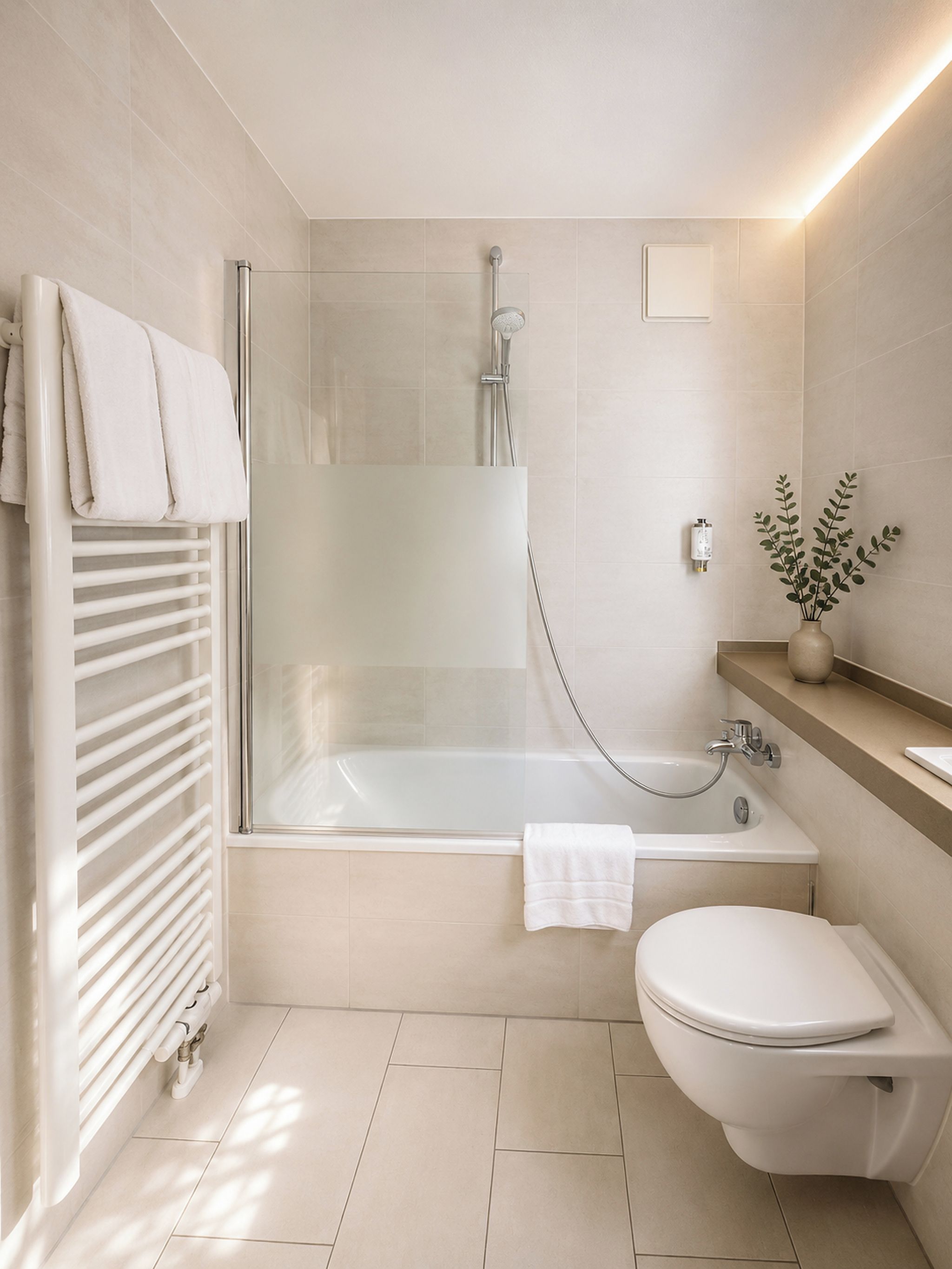 A modern bathroom with a glass-enclosed shower, a white bathtub, and a toilet.