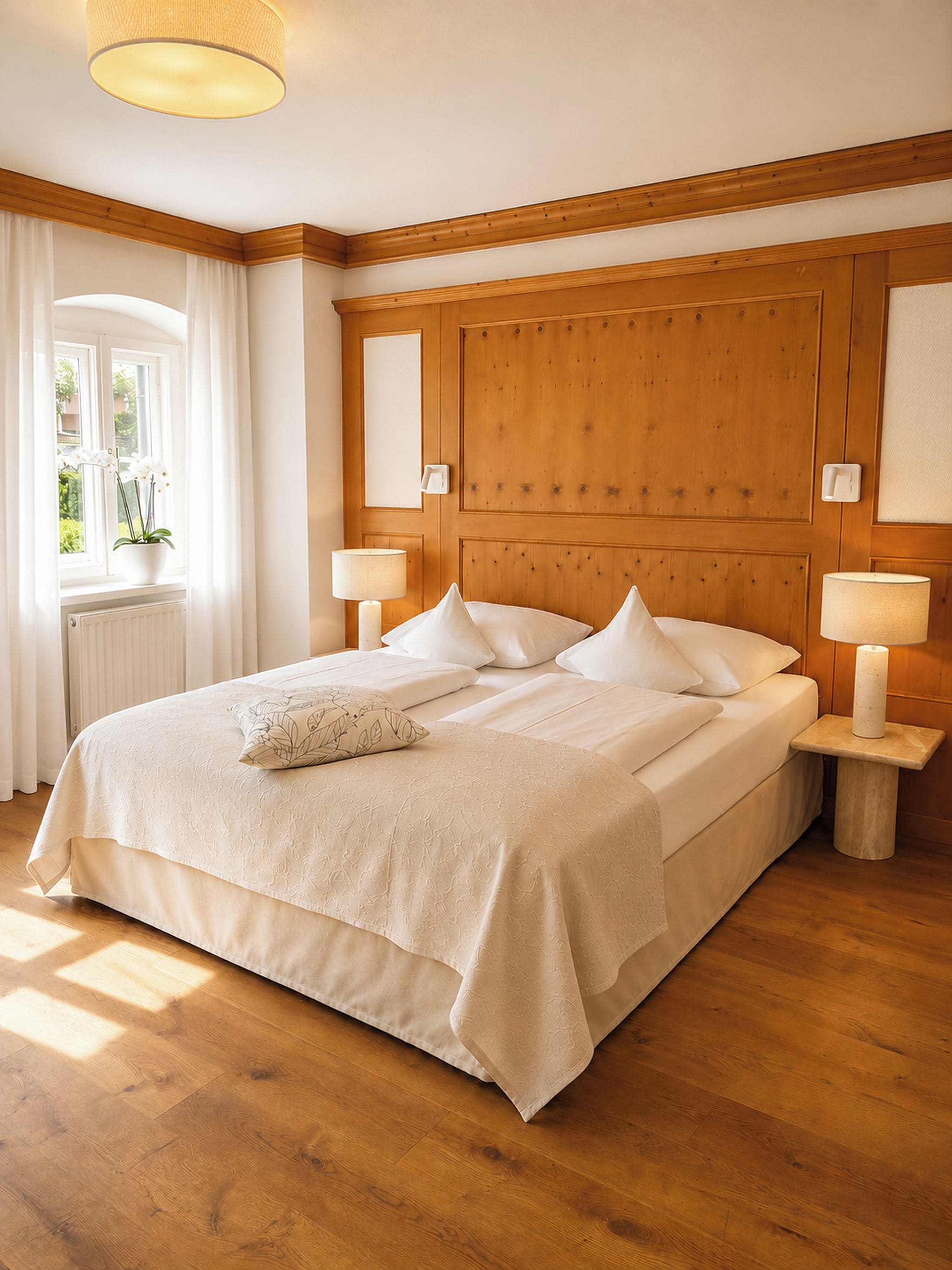 Una cama grande con cabecera de madera, dos lámparas de noche y un ventanal con cortinas.