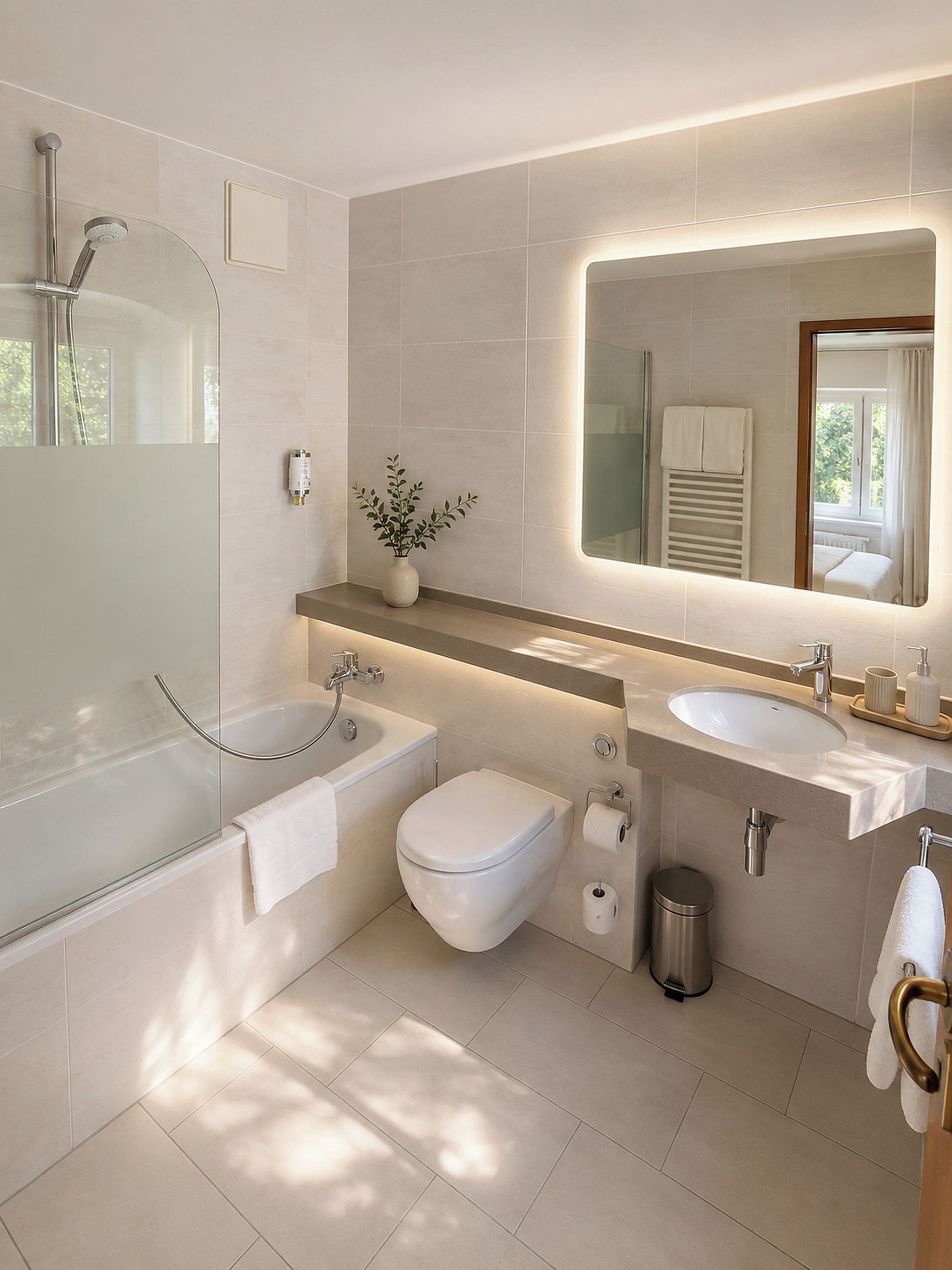 Une salle de bain moderne équipée d’une baignoire, d’un lavabo, de toilettes et d’un miroir.