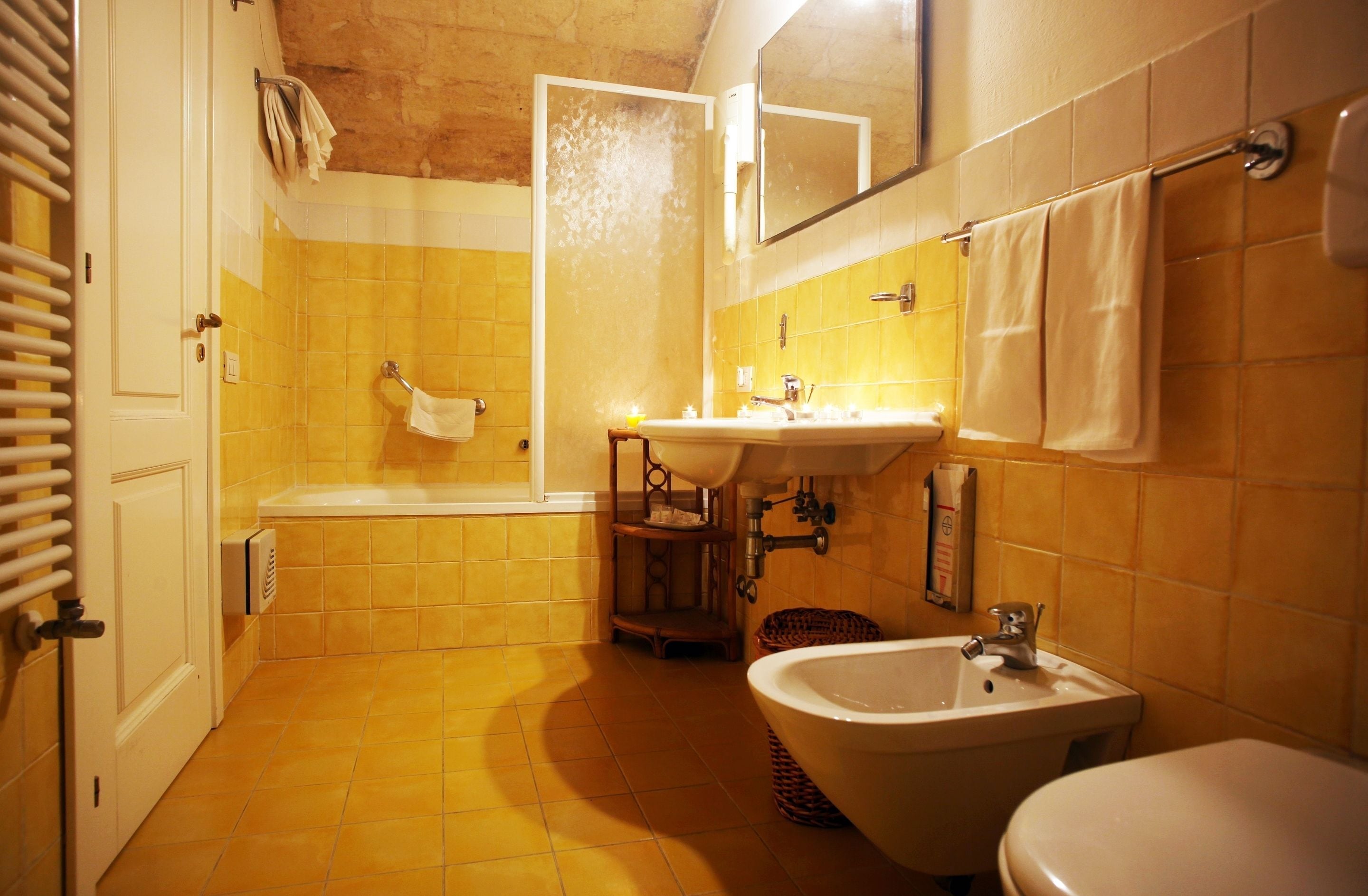 free toiletries, hair dryer, bidet, towels