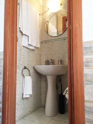 Habitación doble estándar | Baño | Regadera, secadora de cabello, toallas 