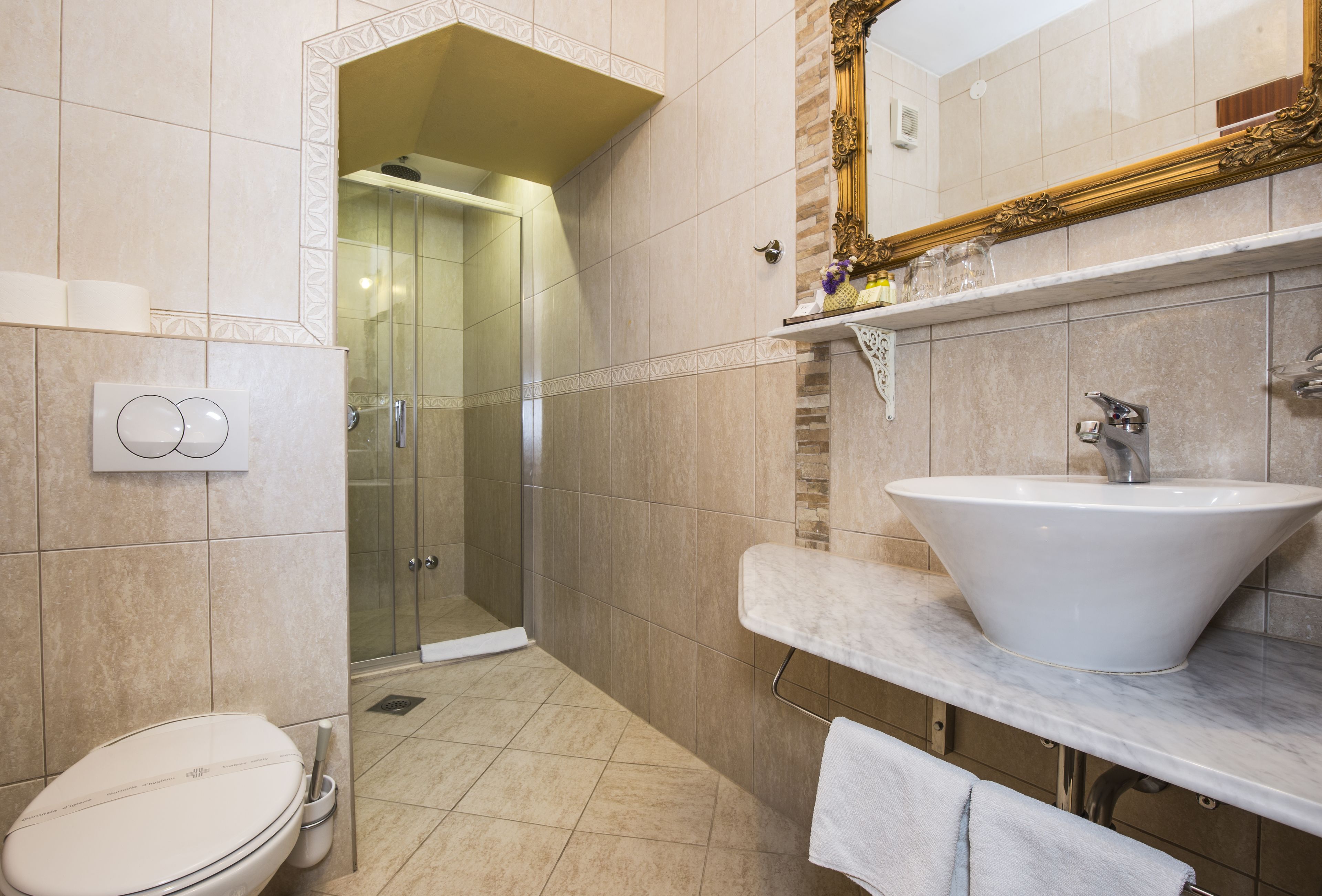 A bathroom with a toilet, sink, shower, and a mirror with an ornate frame.