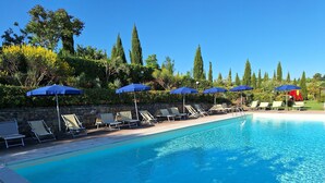 Une piscine entourée d’arbres et d’un mur de pierre, avec des chaises longues et des parasols bleus.