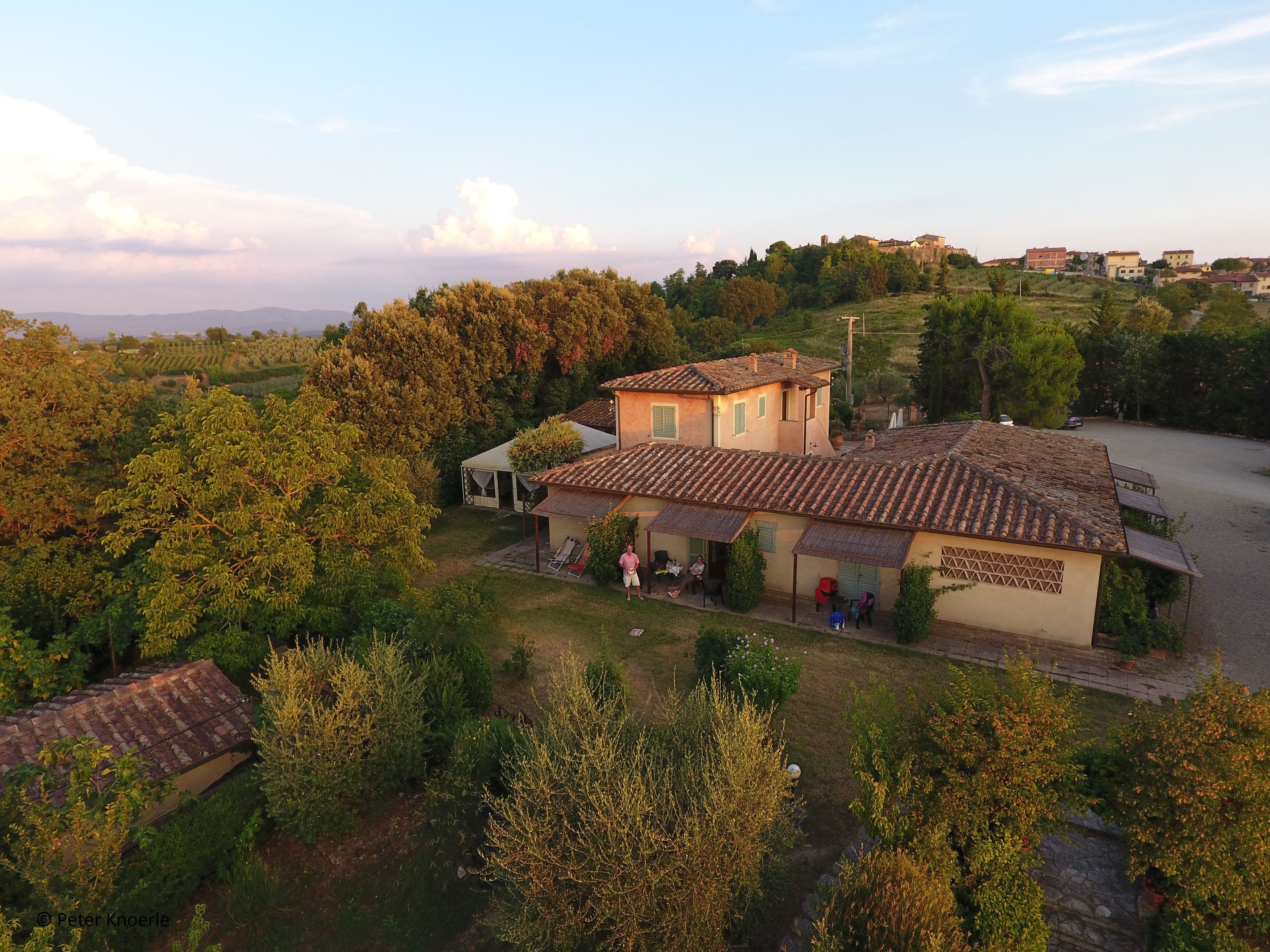 A traditional villa with a tiled roof, surrounded by lush greenery and a clear sky.