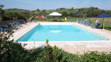 Outdoor pool, pool umbrellas, pool loungers