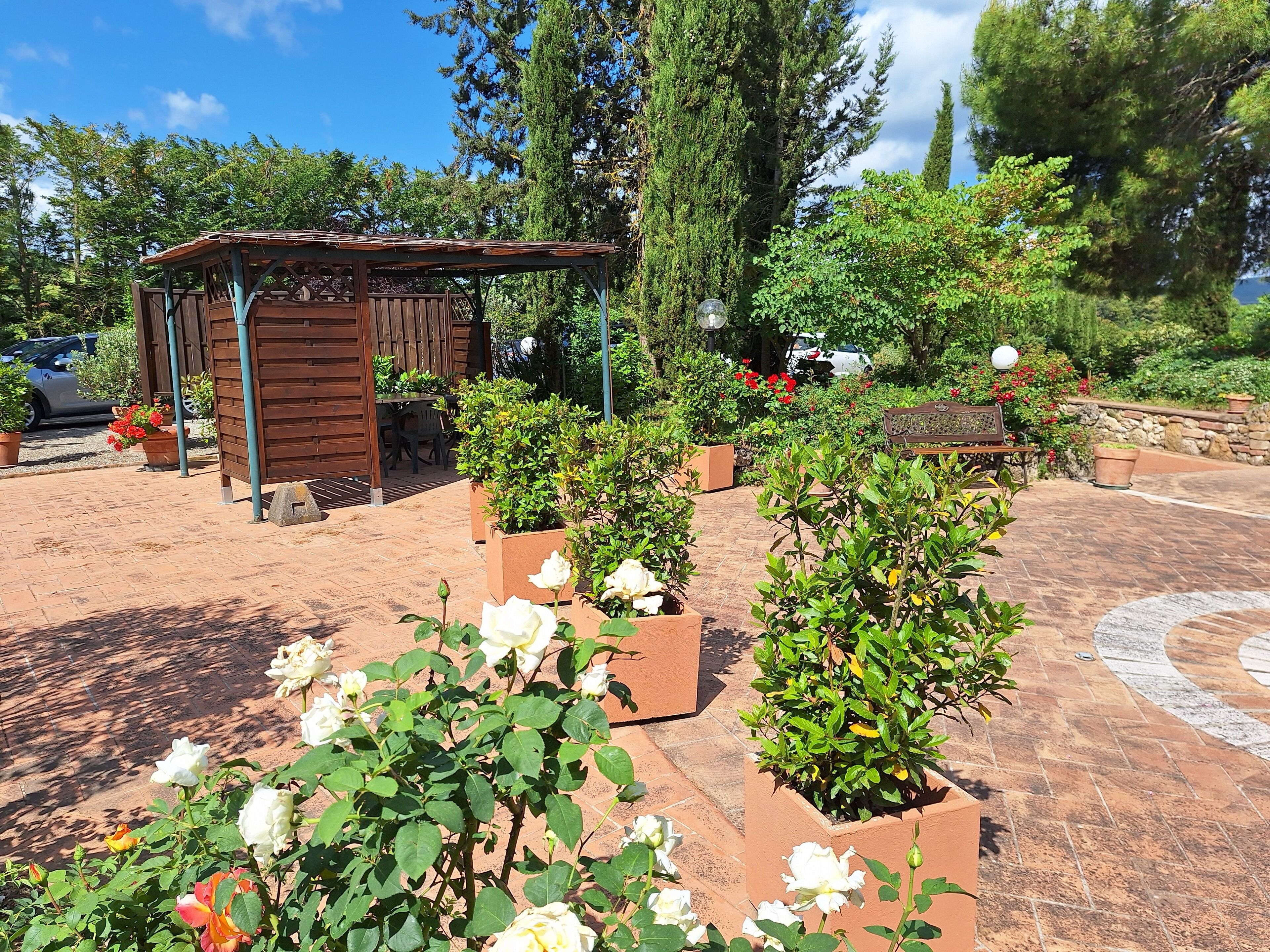 Ein Gartenbereich mit einer Holzpergola, Topfpflanzen und einem gepflasterten Weg.