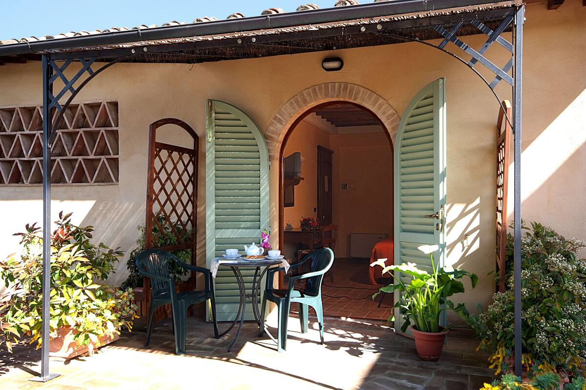 Une terrasse avec une table et des chaises, une porte et des plantes en pot.
