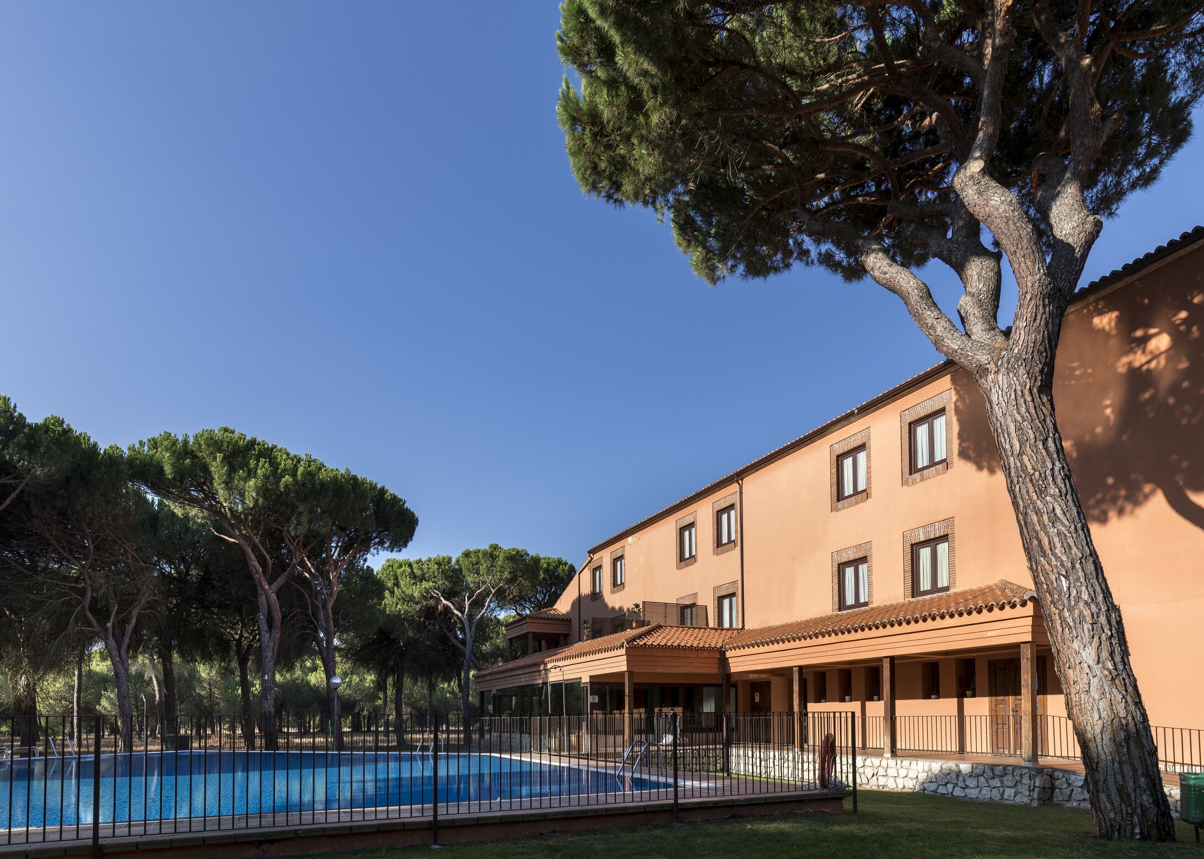 Un bâtiment doté d’une piscine, entouré d’arbres et d’une clôture.