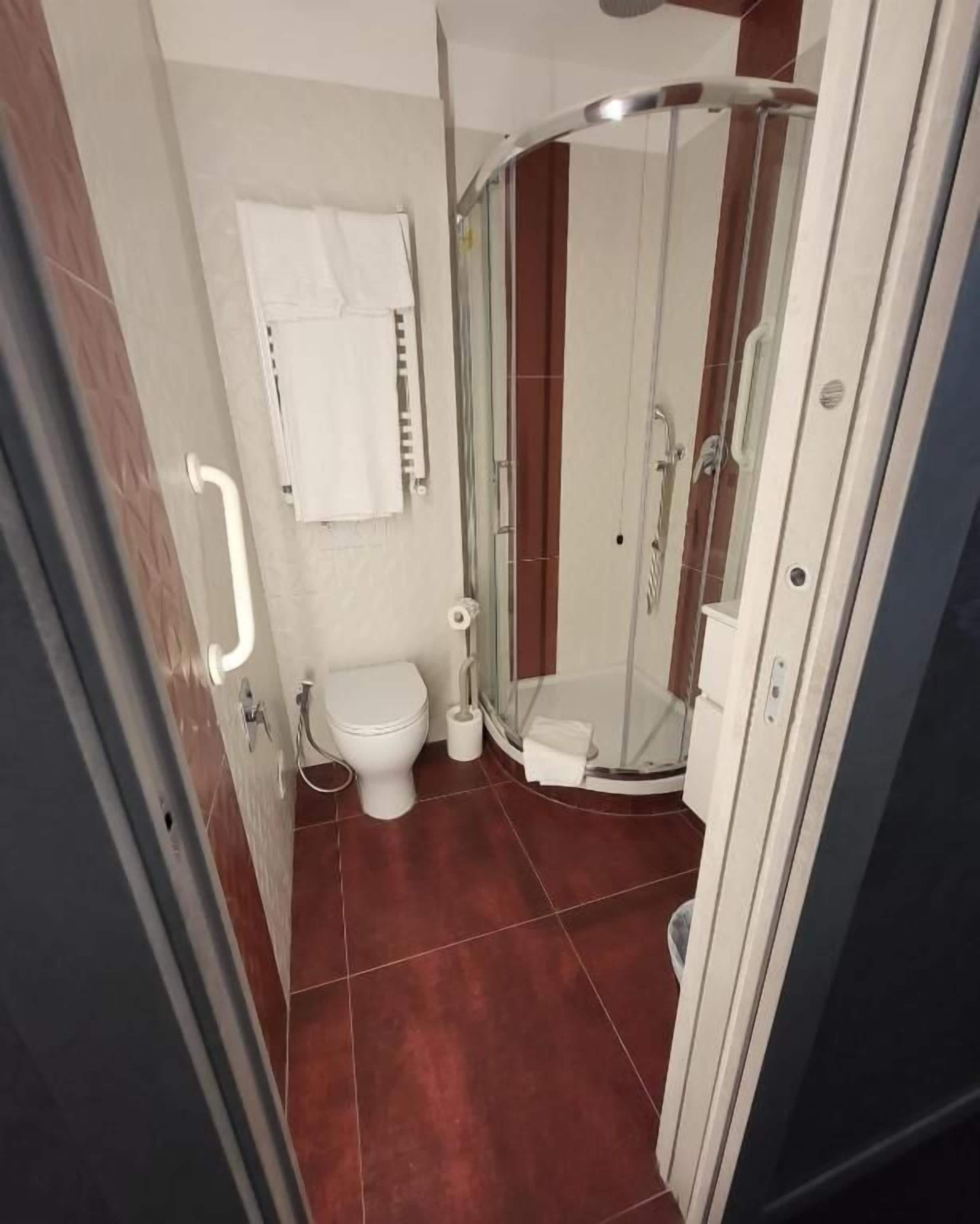 A bathroom with a toilet, a shower, and a glass-enclosed shower stall.