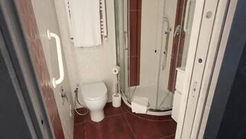 Un bagno con il water, una doccia e un box doccia in vetro.