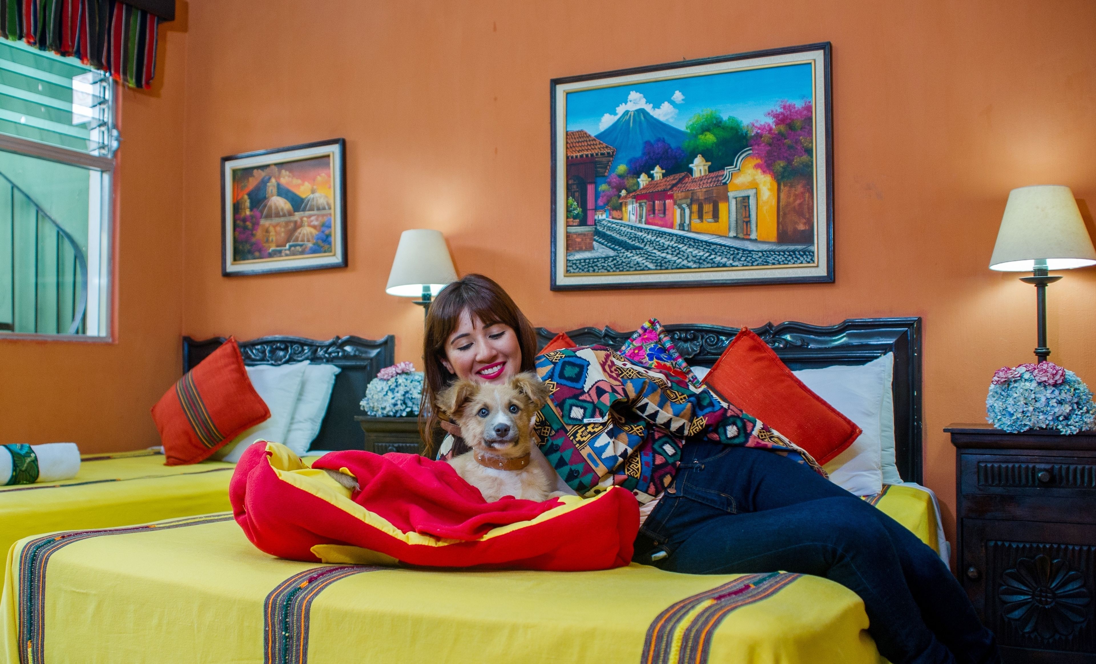 A bed with a colorful blanket, a pillow, and a lamp on a bedside table.
