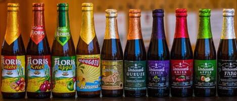 A row of beer bottles with labels such as "Floris," "Mongozoo," and "Lindemans."