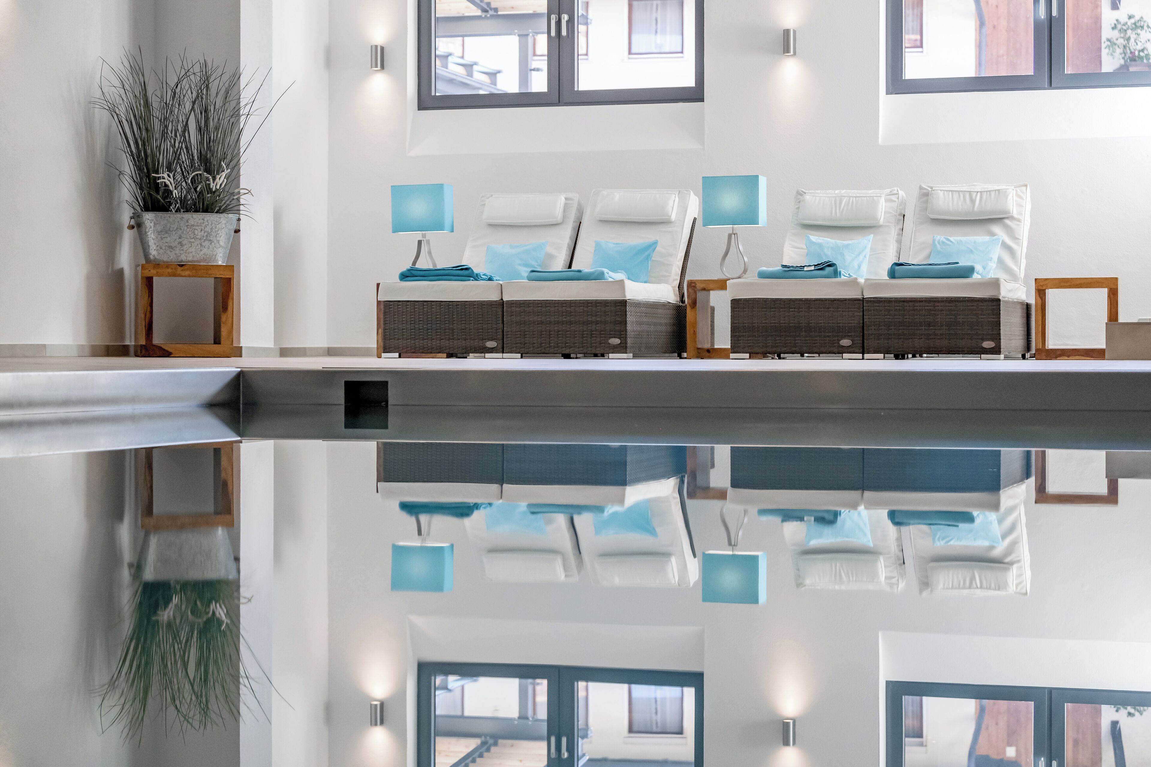 indoor pool, pool loungers