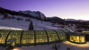 Un edificio in stile serra con tetto curvo, circondato da terreno e alberi coperti di neve, con montagne sullo sfondo.