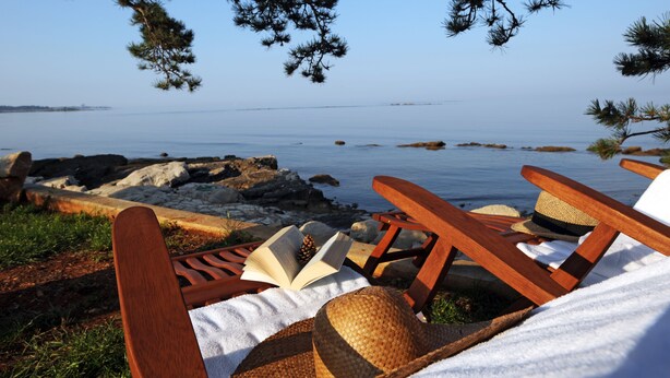 A wooden lounge chair with a straw hat and an open book, positioned on a grassy area with a view of the sea and rocks in the background. - Villa Rosetta (Umag)